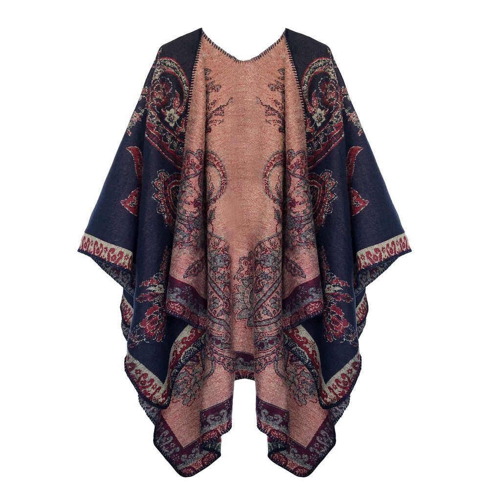 9916 Women's Color Block Shawl Wrap Open Front Poncho Cape (series 29-navy